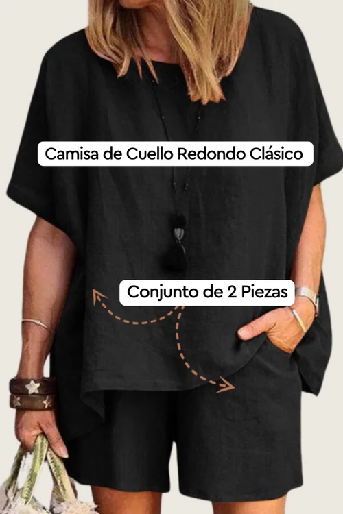 Cómodo conjunto de dos piezas de camisa y pantalón corto de lino